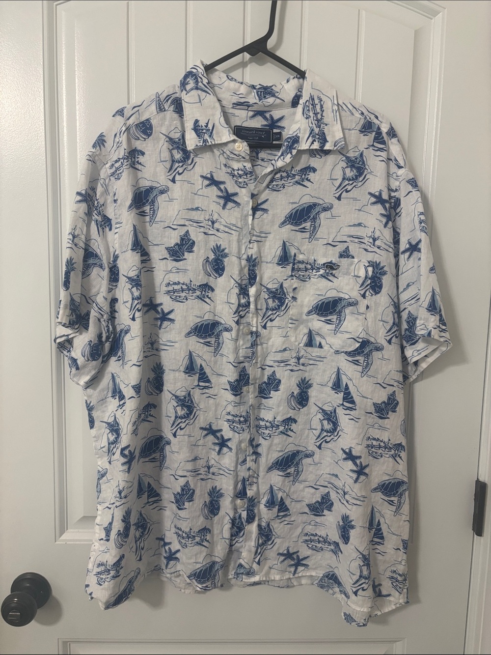 Vineyard Vines White Button-Down with Blue Nautical Print